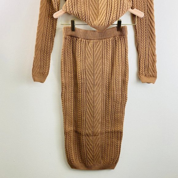 2 Piece Tan Knitwear Crew Neck Sweater Skirt Set - Picture 10 of 11